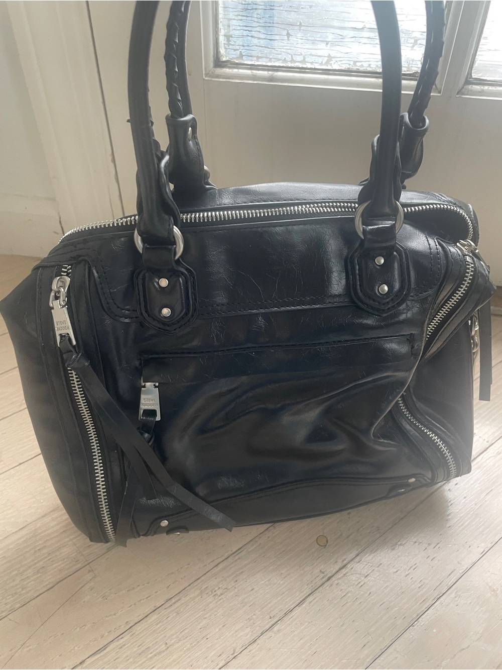 Steve Madden Black Leather Satchel with Silver Hardware
